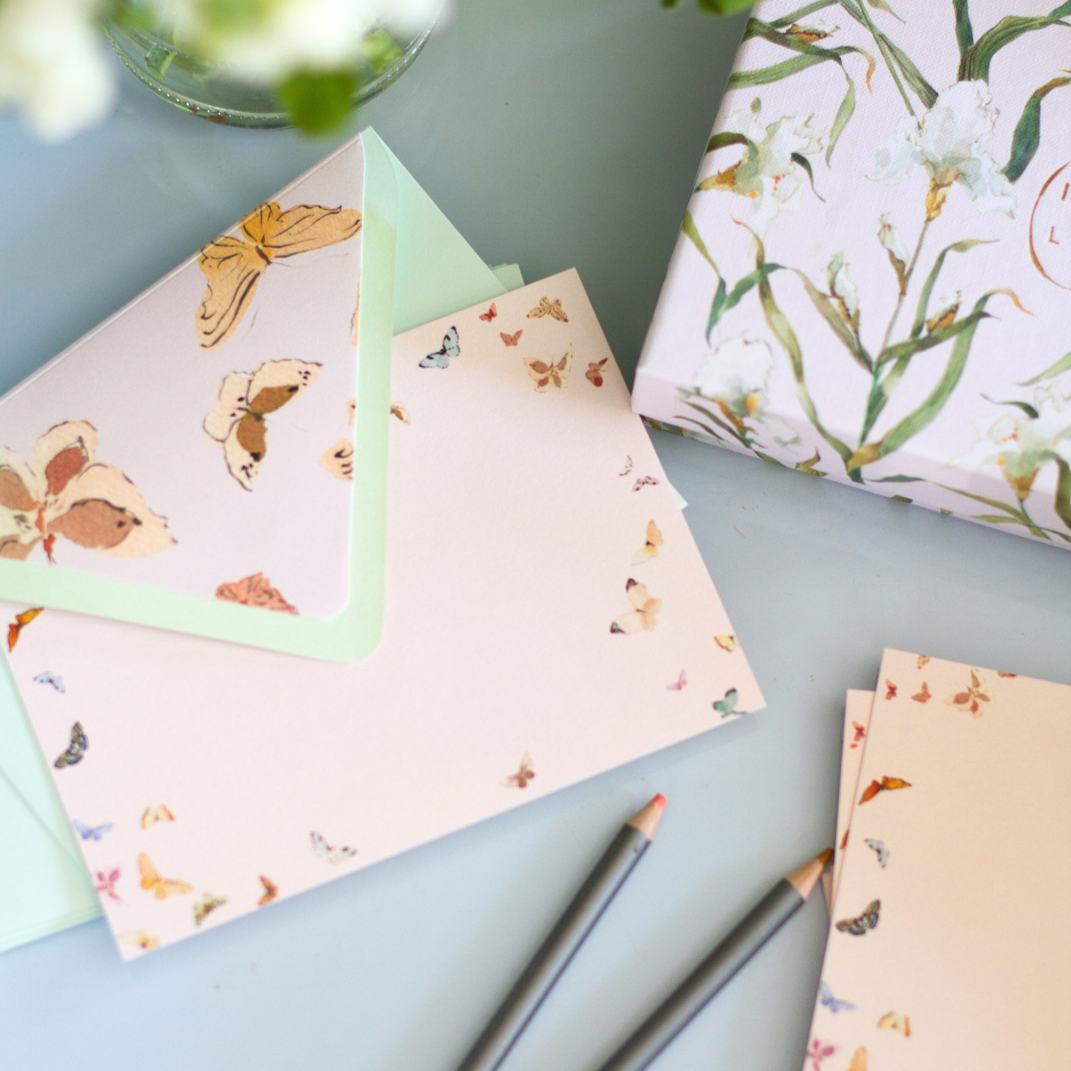 butterfly watercolor floral stationary set