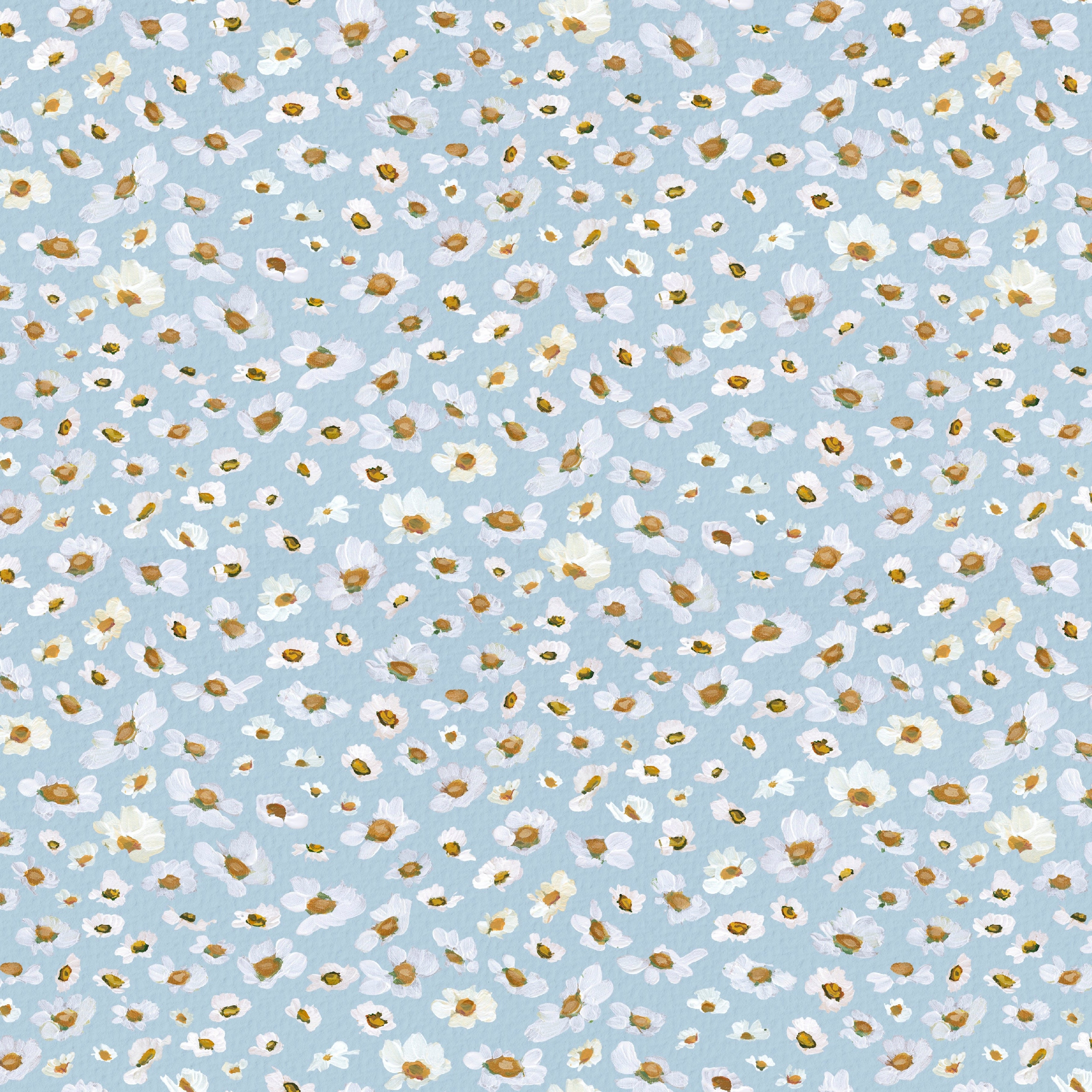 Pattern of small white flowers with yellow centers on a light blue background